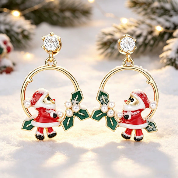 Women's Christmas Santa Claus Wreath Earrings With Leaf And Pearl Details Copper Electroplated Festive Jewelry