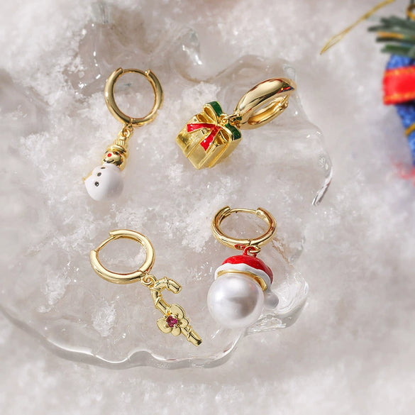 Women's Christmas Snowman Hat Earrings With Zircon And Pearl Geometric Inlay Sweet Festive Copper Ear Hoops