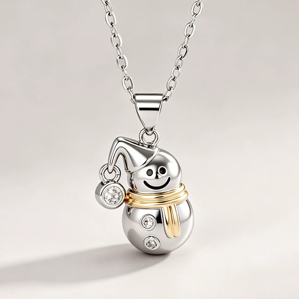 Women's Christmas Snowman Pendant Necklace With Geometric Zirconia Inlay And Oshaped Chain Copper Jewelry