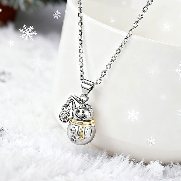 Women's Christmas Snowman Pendant Necklace With Geometric Zirconia Inlay And Oshaped Chain Copper Jewelry