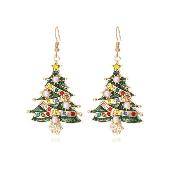Women's Christmas Tree Drop Earrings With Colorful Rhinestones And Faux Pearls Electroplated Alloy Holiday Jewelry With Stainless Steel Posts