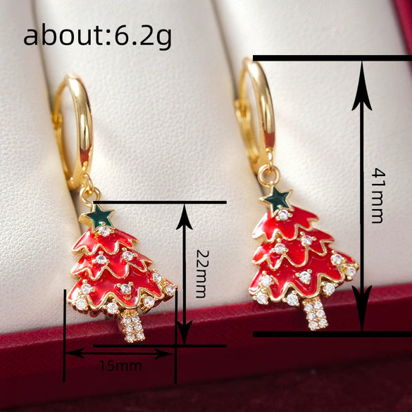 Women's Christmas Tree Earrings Copper Star And Leaf Pattern Jewelry With Sweet Festive Holiday Design