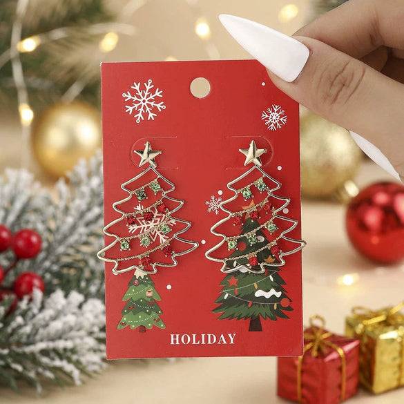 Women's Christmas Tree Earrings Hollowout Alloy Design With Sparkling Rhinestone Details Electroplated Finish And Stainless Steel Ear Needles