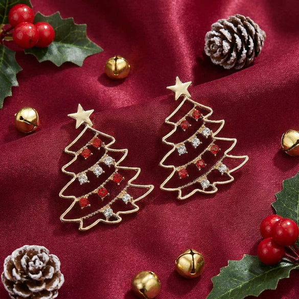 Women's Christmas Tree Earrings Hollowout Alloy Design With Sparkling Rhinestone Details Electroplated Finish And Stainless Steel Ear Needles