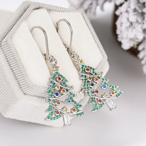 Women's Christmas Tree Earrings With Waxinlaid Cubic Zirconia And Colorful Gemstones Copper Starshaped Holiday Jewelry
