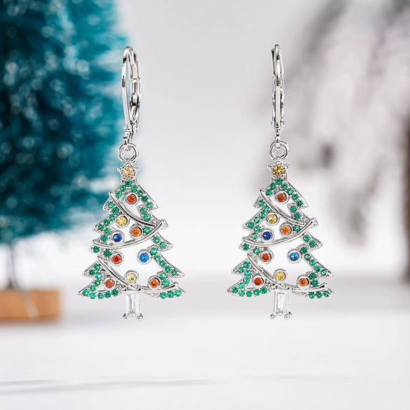 Women's Christmas Tree Earrings With Waxinlaid Cubic Zirconia And Colorful Gemstones Copper Starshaped Holiday Jewelry