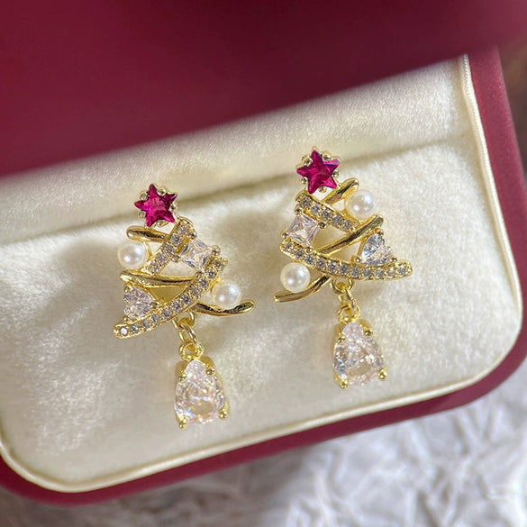Women's Christmas Tree Water Drop Pendant Earrings With Zircon Accents Geometric Copper Holiday Jewelry