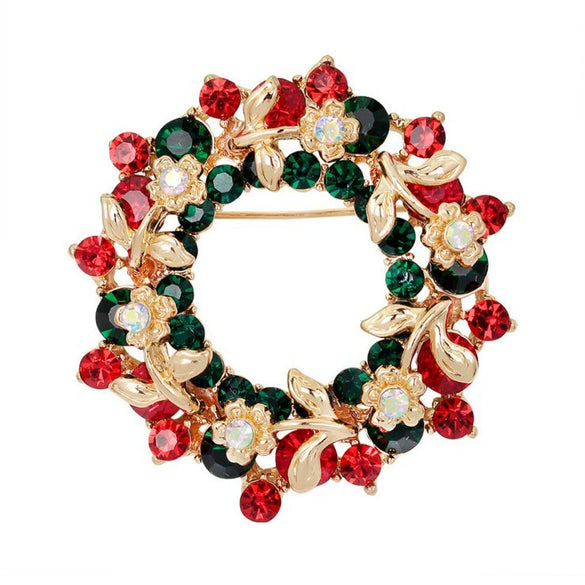 Women's Christmas Wreath Brooch With Rhinestone Detailing Electroplated Alloy Festive Jewelry Pin For Clothing Accessories