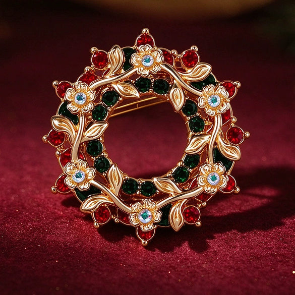 Women's Christmas Wreath Brooch With Rhinestone Detailing Electroplated Alloy Festive Jewelry Pin For Clothing Accessories