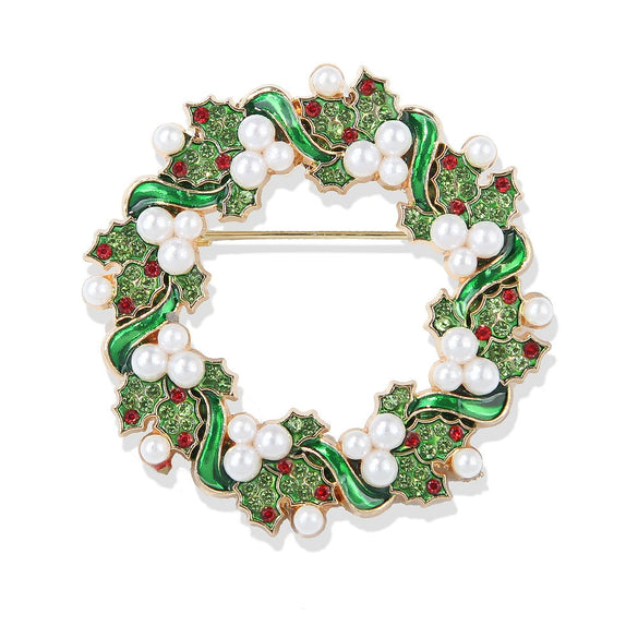 Women's Christmas Wreath Flower Brooch With Rhinestone Accents Zinc Alloy Festive Gift Jewelry Accessory