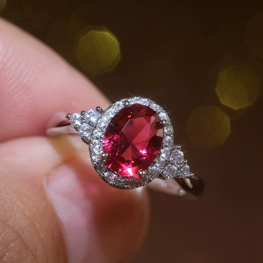 Women's Classic Elegant Red Gemstone Ring Copper With Geometric Micropaved Zircon