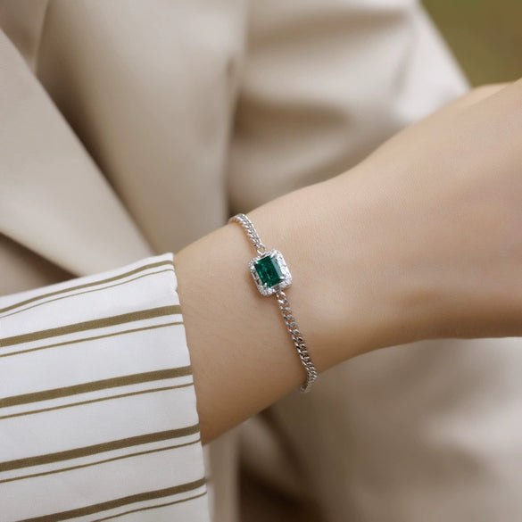 Women's Classic Geometric Cultivated Emerald S925 Silver Chain Bracelet Set With Diamonds