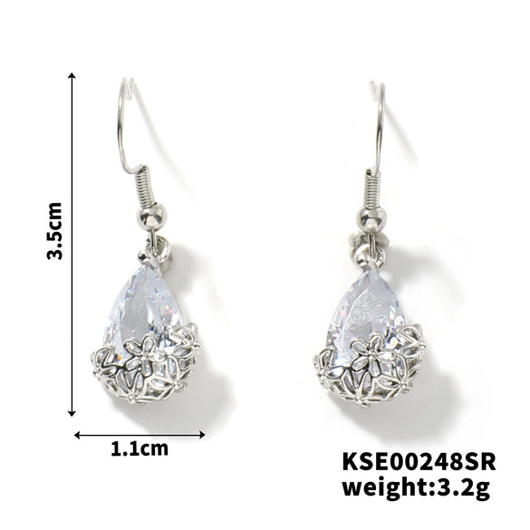 Women's Classical Gold Plated Carved Drop Shape White Stone Earrings With Color Preserving Electroplated Metal Design