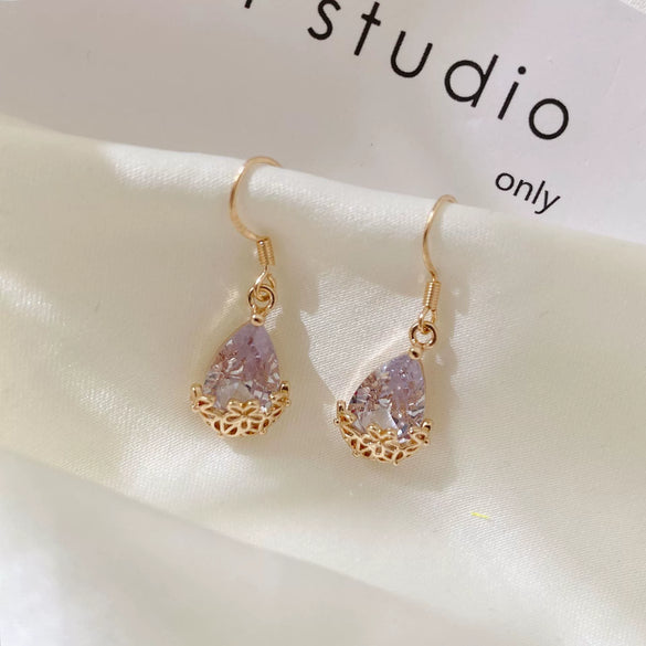 Women's Classical Gold Plated Carved Drop Shape White Stone Earrings With Color Preserving Electroplated Metal Design