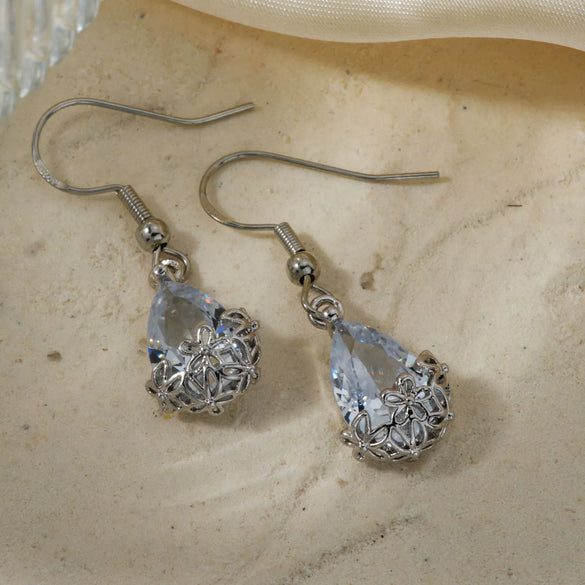 Women's Classical Gold Plated Carved Drop Shape White Stone Earrings With Color Preserving Electroplated Metal Design
