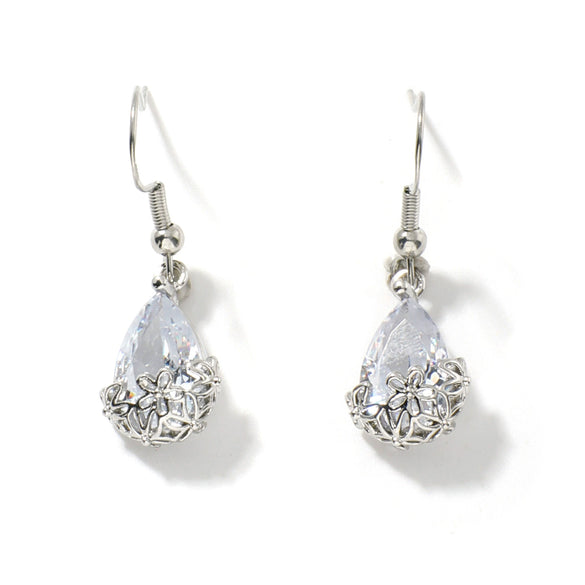 Women's Classical Gold Plated Carved Drop Shape White Stone Earrings With Color Preserving Electroplated Metal Design