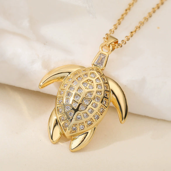 Women's Clavicle Chain Copper Plated Real Gold Inlaid Zircon Turtle Pendant Necklace Geometric Style