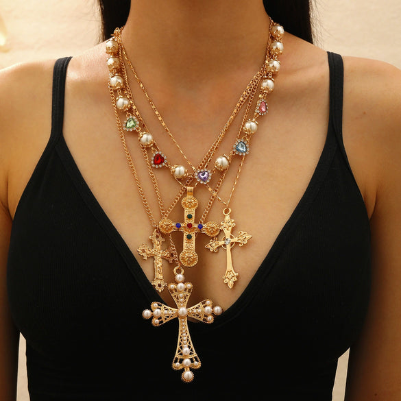 Women's Clavicle Chain Jewelry Stacked With Pearl Flower Inlaid Zircon And Colored Gemstone Zinc Alloy Geometric Style