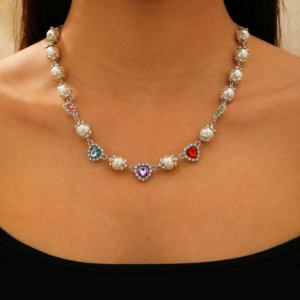 Women's Clavicle Chain Jewelry Stacked With Pearl Flower Inlaid Zircon And Colored Gemstone Zinc Alloy Geometric Style