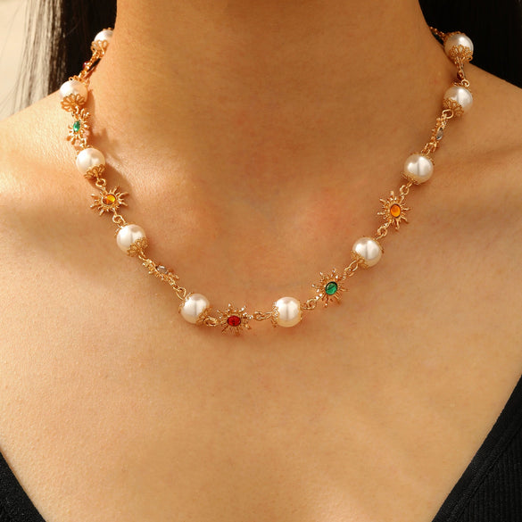 Women's Clavicle Chain Jewelry Stacked With Pearl Flower Inlaid Zircon And Colored Gemstone Zinc Alloy Geometric Style