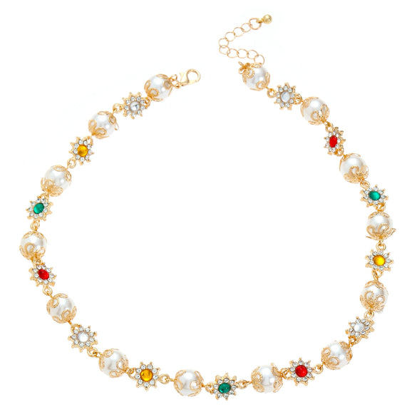 Women's Clavicle Chain Jewelry Stacked With Pearl Flower Inlaid Zircon And Colored Gemstone Zinc Alloy Geometric Style