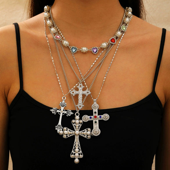 Women's Clavicle Chain Jewelry Stacked With Pearl Flower Inlaid Zircon And Colored Gemstone Zinc Alloy Geometric Style