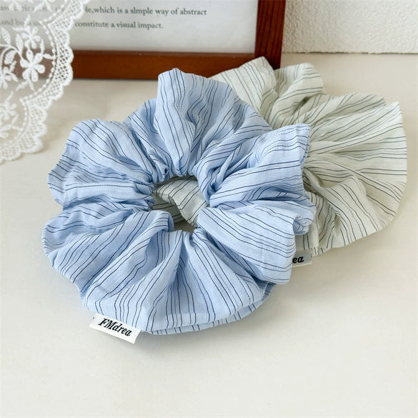 Women's Cloth Handmade Blue And White Striped Scrunchie Hair Accessory For Bun And Ponytail