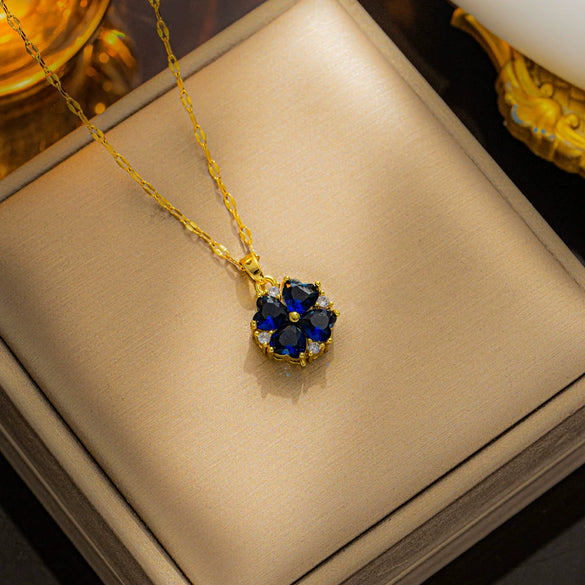 Women's Clover Titanium Steel Necklace With Colorful Zircon And Water Wave Chain Light Luxury Geometric Design Diamond Inlay Vacuum Furnace Electroplating