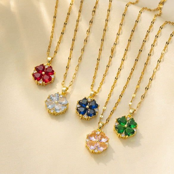 Women's Clover Titanium Steel Necklace With Colorful Zircon And Water Wave Chain Light Luxury Geometric Design Diamond Inlay Vacuum Furnace Electroplating