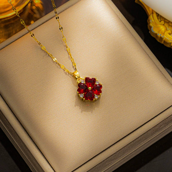 Women's Clover Titanium Steel Necklace With Colorful Zircon And Water Wave Chain Light Luxury Geometric Design Diamond Inlay Vacuum Furnace Electroplating