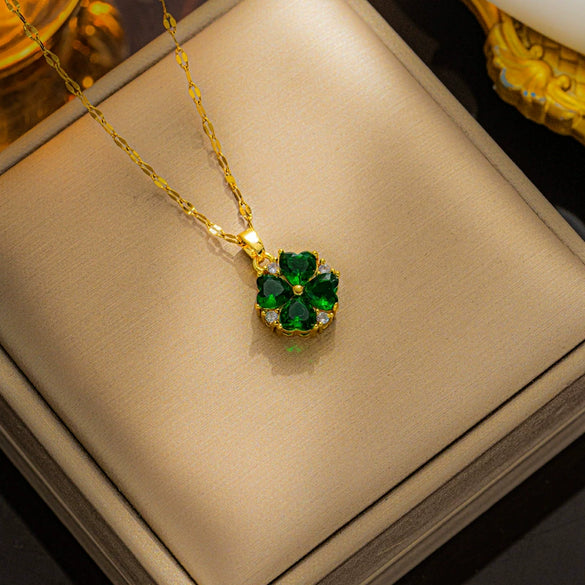 Women's Clover Titanium Steel Necklace With Colorful Zircon And Water Wave Chain Light Luxury Geometric Design Diamond Inlay Vacuum Furnace Electroplating