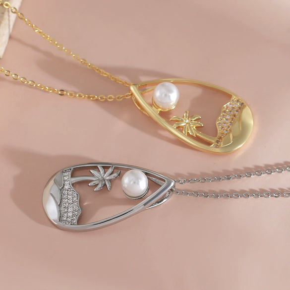 Women's Coconut Tree Pearl Necklace Copper O Word Chain Electroplated