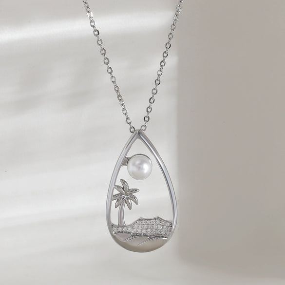 Women's Coconut Tree Pearl Necklace Copper O Word Chain Electroplated