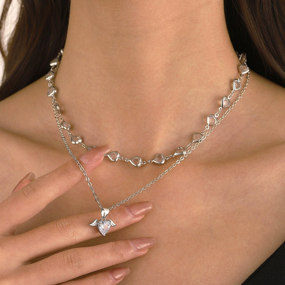 Women's Cold Style Copper Heart Shaped Geometric Stacked Clavicle Necklace With Electroplating