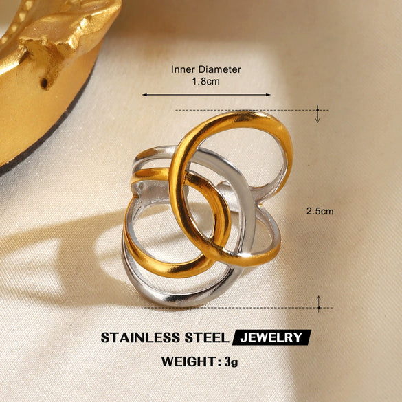 Women's Color Block Stainless Steel Geometric Line Ring With Two Tone Gold And Silver Electroplated Finish
