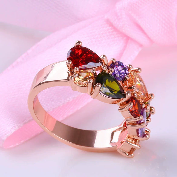 Women's Color Crystal Zircon Ring With Geometric Design Rose Gold Jewelry