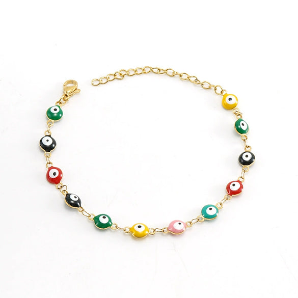 Women's Colorblock Stainless Steel And 316L Stainless Steel Bracelet And Round Eyes Evil Eye Necklace With Dripping Oil Treatment