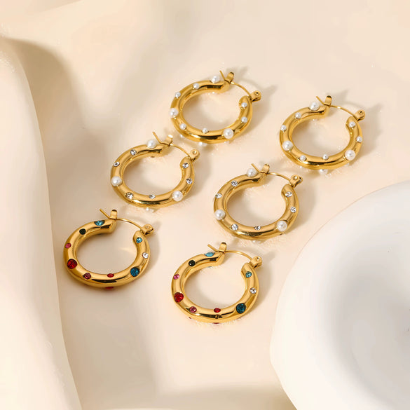 Women's Colored Diamond Stainless Steel And 18K Gold Geometric Style Electroplated Earrings