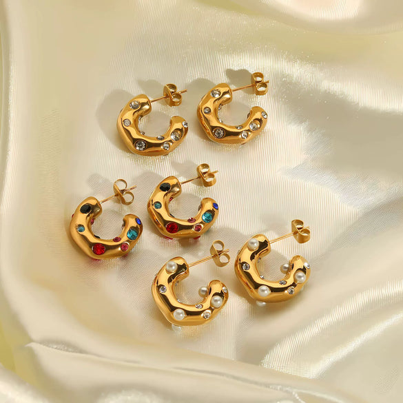 Women's Colored Diamond Stainless Steel And 18K Gold Geometric Style Electroplated Earrings