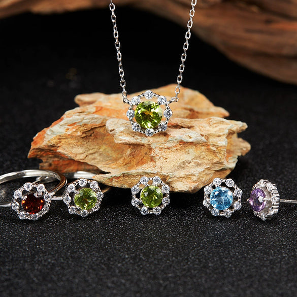 Women's Colored Gemstone Ring Jewelry Set S925 Sterling Silver Geometric Style Set With Gemstones