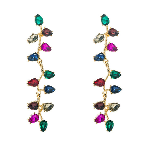 Women's Colored Rhinestone Flower Drop Earrings With Alloy Long Leaf Design Trendy Wholesale Jewelry