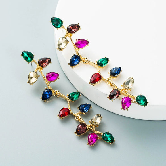 Women's Colored Rhinestone Flower Drop Earrings With Alloy Long Leaf Design Trendy Wholesale Jewelry