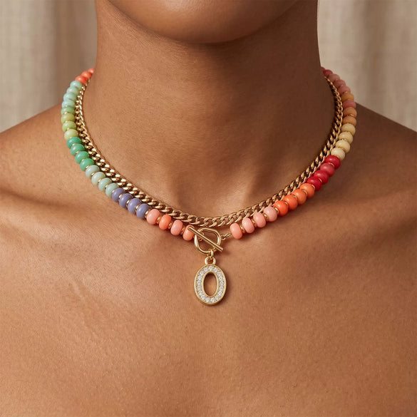 Women's Colorful Beaded Natural Stone Necklace With Layered Heart Pendant Copper Electroplated Bead Chain Clavicle Necklace