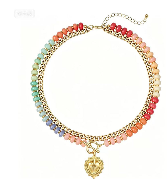 Women's Colorful Beaded Natural Stone Necklace With Layered Heart Pendant Copper Electroplated Bead Chain Clavicle Necklace