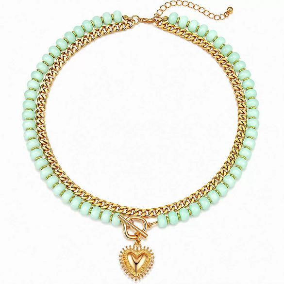 Women's Colorful Beaded Natural Stone Necklace With Layered Heart Pendant Copper Electroplated Bead Chain Clavicle Necklace