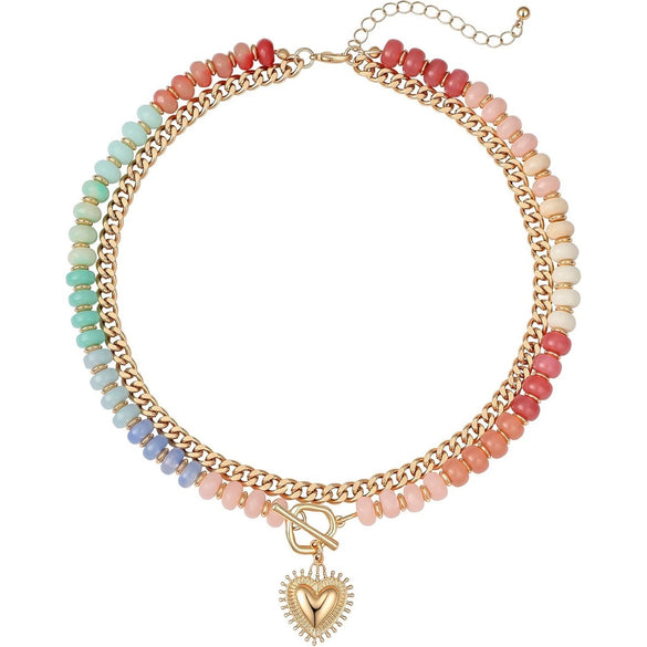 Women's Colorful Beaded Natural Stone Necklace With Layered Heart Pendant Copper Electroplated Bead Chain Clavicle Necklace