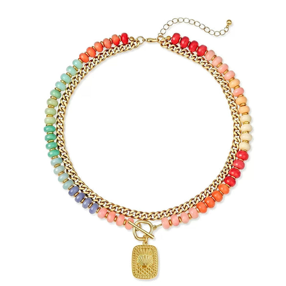 Women's Colorful Beaded Natural Stone Necklace With Layered Heart Pendant Copper Electroplated Bead Chain Clavicle Necklace