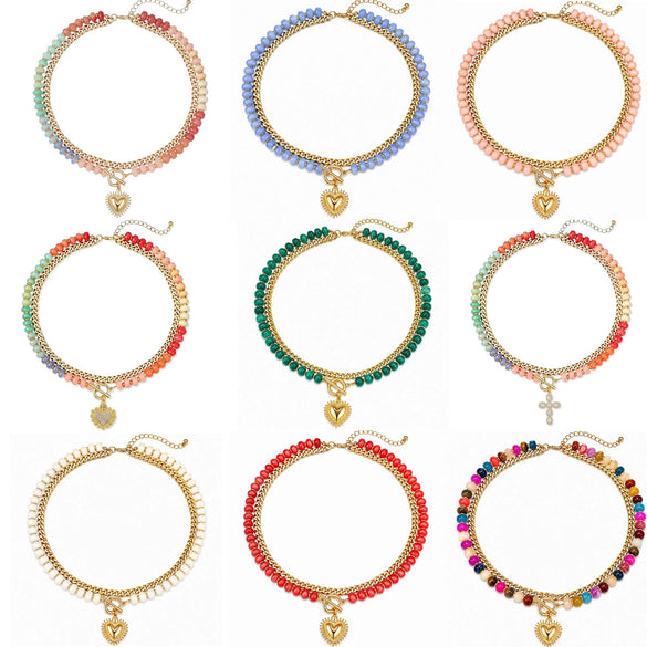 Women's Colorful Beaded Natural Stone Necklace With Layered Heart Pendant Copper Electroplated Bead Chain Clavicle Necklace