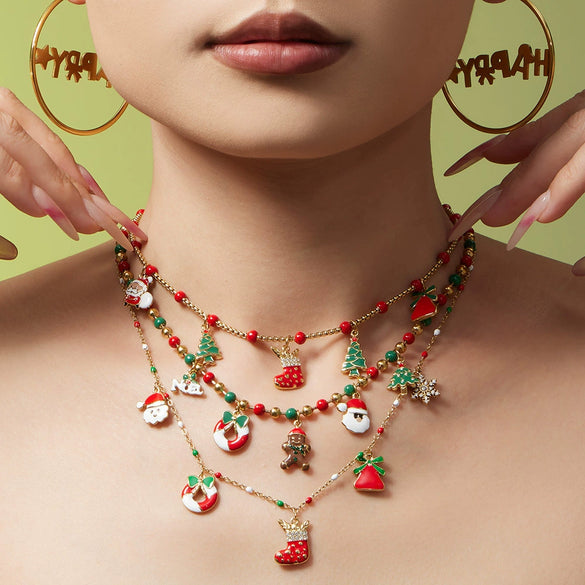 Women’s Colorful Beaded Necklace With Stainless Steel Christmas Snowflake Bell Zircon Pendant And Electroplated Geometric Chain