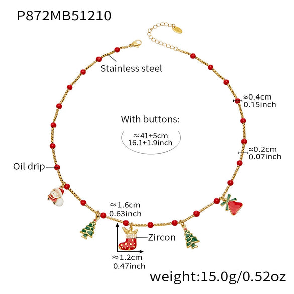Women’s Colorful Beaded Necklace With Stainless Steel Christmas Snowflake Bell Zircon Pendant And Electroplated Geometric Chain
